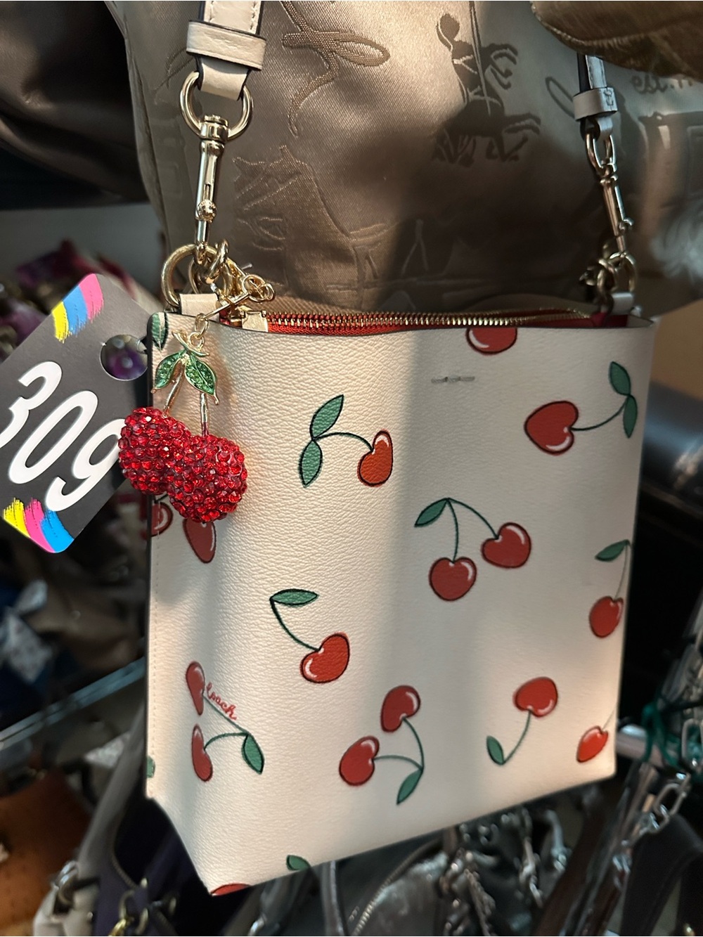 COACH #309 Mollie Bucket Bag 22 Cream Cherry-Print Shoulder Bag/ Wallet - Picture 2 of 16